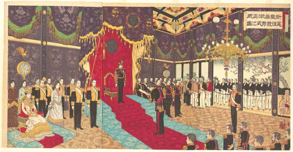 An ukiyoe painting depicting the presentation of 'The Constitution of the Empire of Japan' to the Meiji emperor