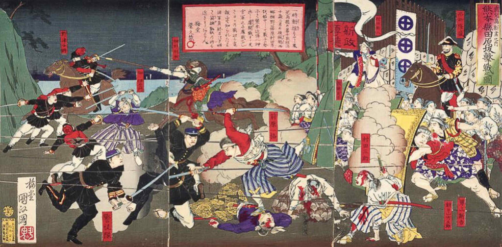 Saigō Takamori's army takes on the Meiji government's forces in the Seinan war