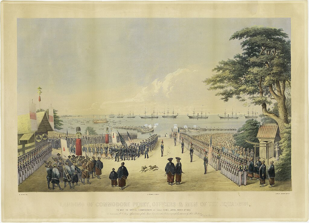 Commodore Matthew Perry arrives in Yokohama with his fleet of seven ships in 1854