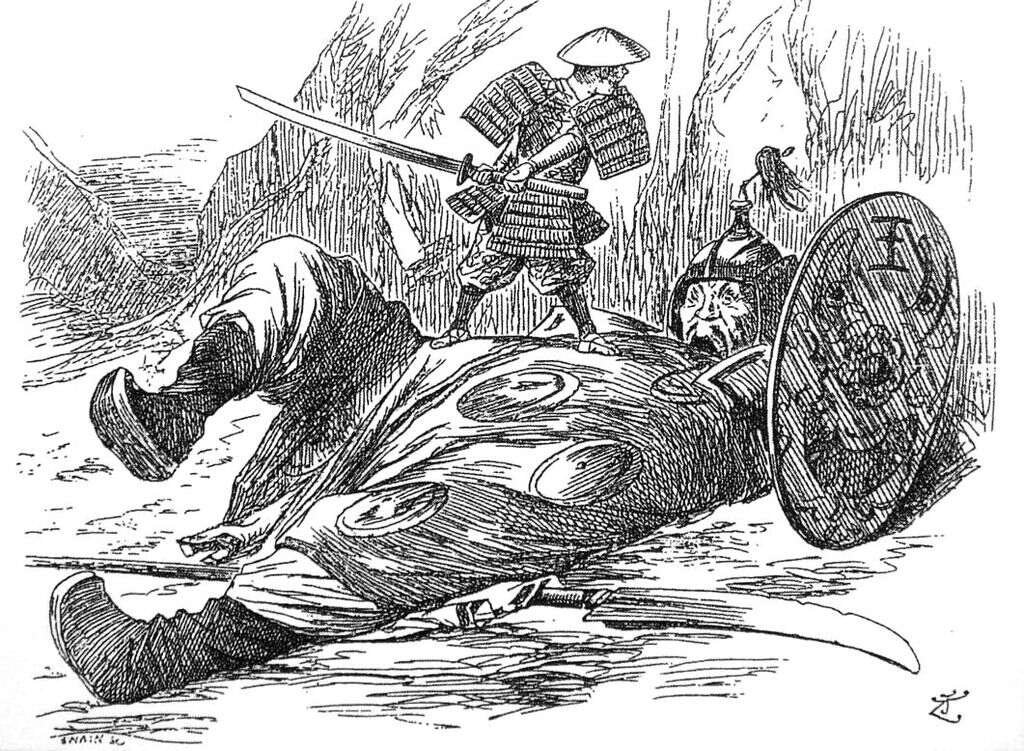 Satirical artwork published in a newspaper in 1894 of a Japanese soldier slaying a giant from Qing