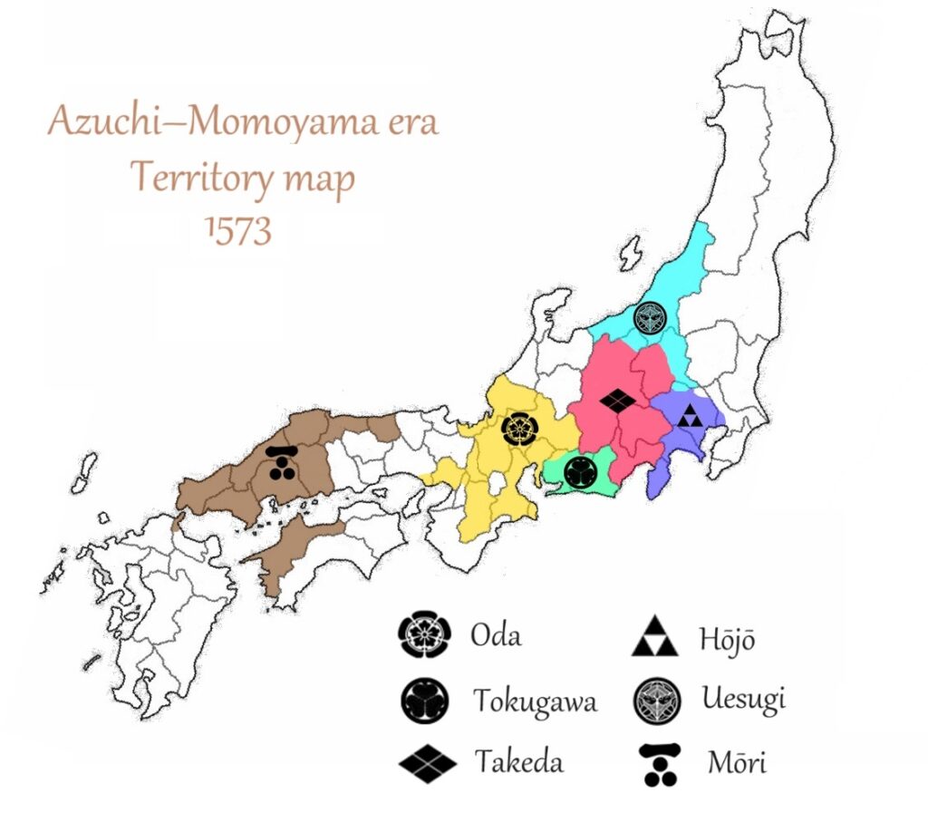 A map depicting the distribution of territories among the Hōjō, Imagawa, Takeda, Oda, Uesugi and Mōri clans in 1573