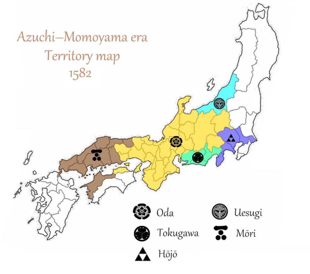 A map depicting the distribution of territories among the Hōjō, Oda, Uesugi, Tokugawa and Mōri clans in 1582