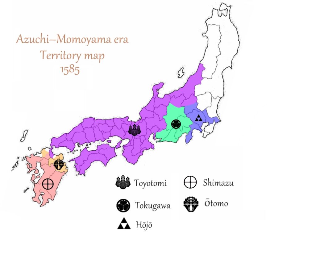 A map depicting the distribution of territories among the the leading daimyō in 1585