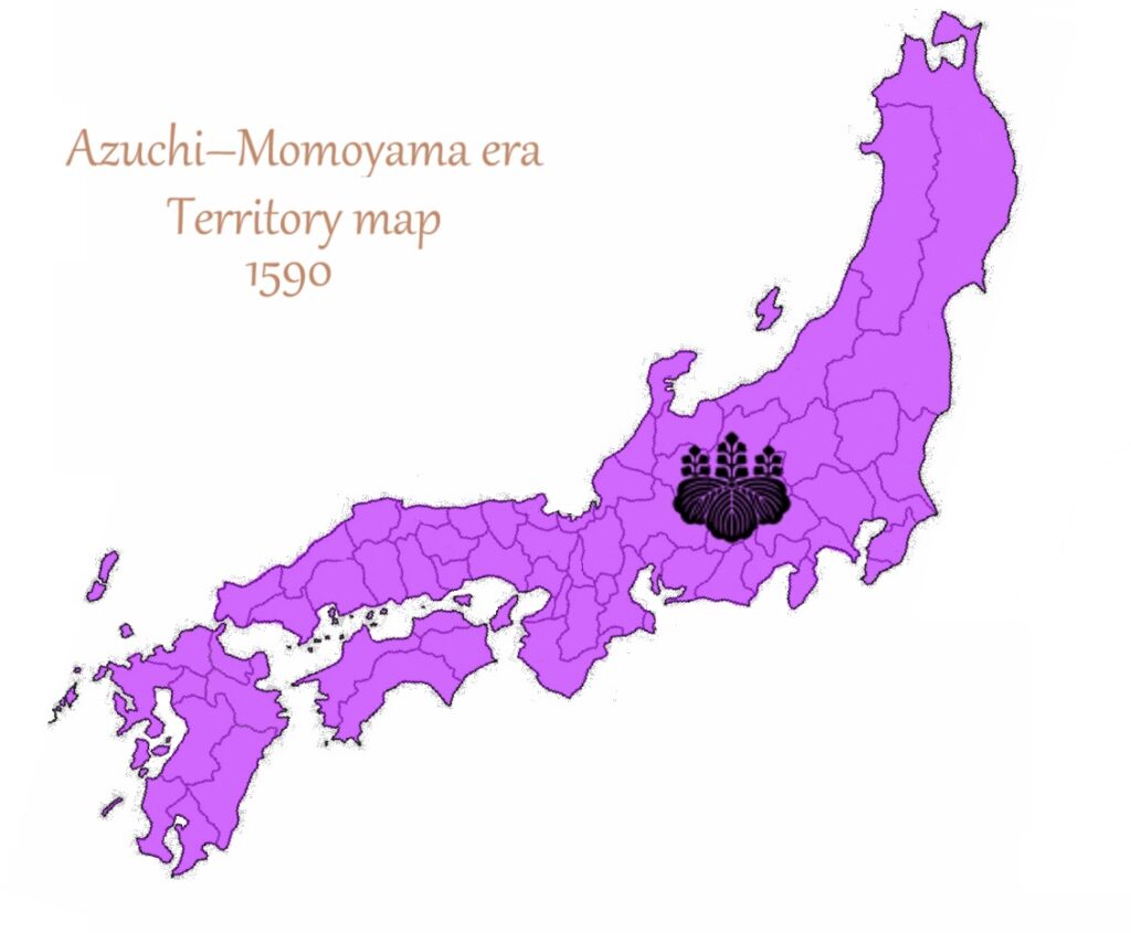 A map depicting Toyotimi Hideyoshi's complete rule of Japan in 1590