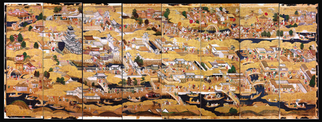 A folding screen depicting Ōsaka castle(second frame from the left) and its surrounding town