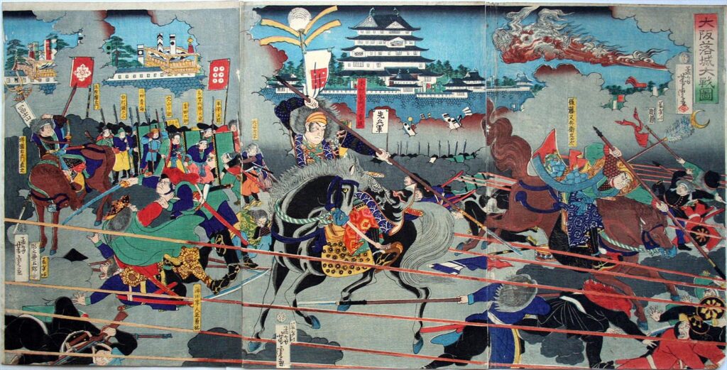 An ukiyoe painting depicting the final battle of the siege of Ōsaka castle