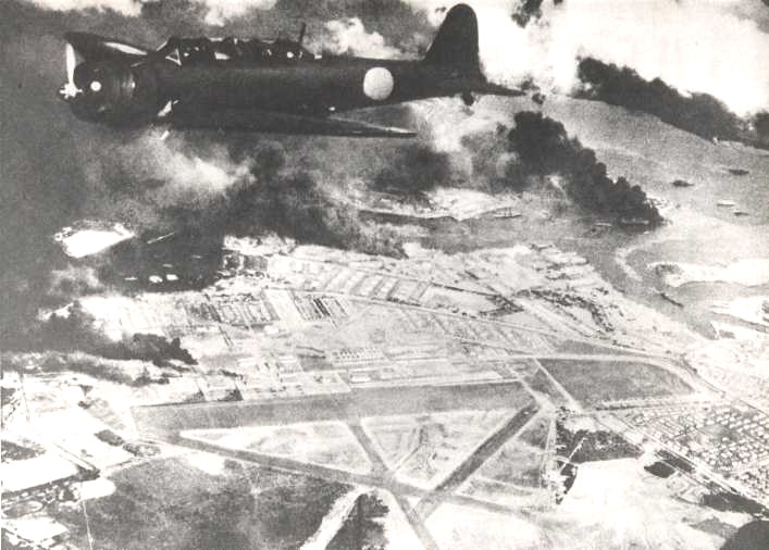 Japanese Nakajima B5N2 torpedo bomber flies over Pearl Harbor