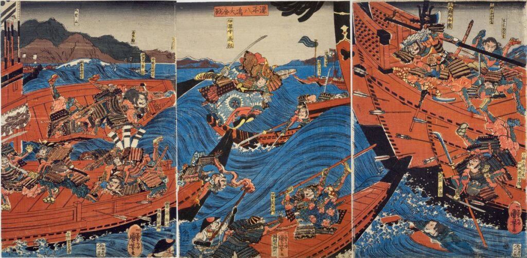 Minamoto no Yoshitsune attacks the Taira's naval base at Yashima