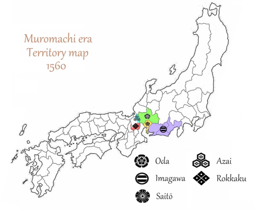 Map depicting the territory division among the Oda, Imagawa, Saitō, Azai and Rokkaku clans in 1560