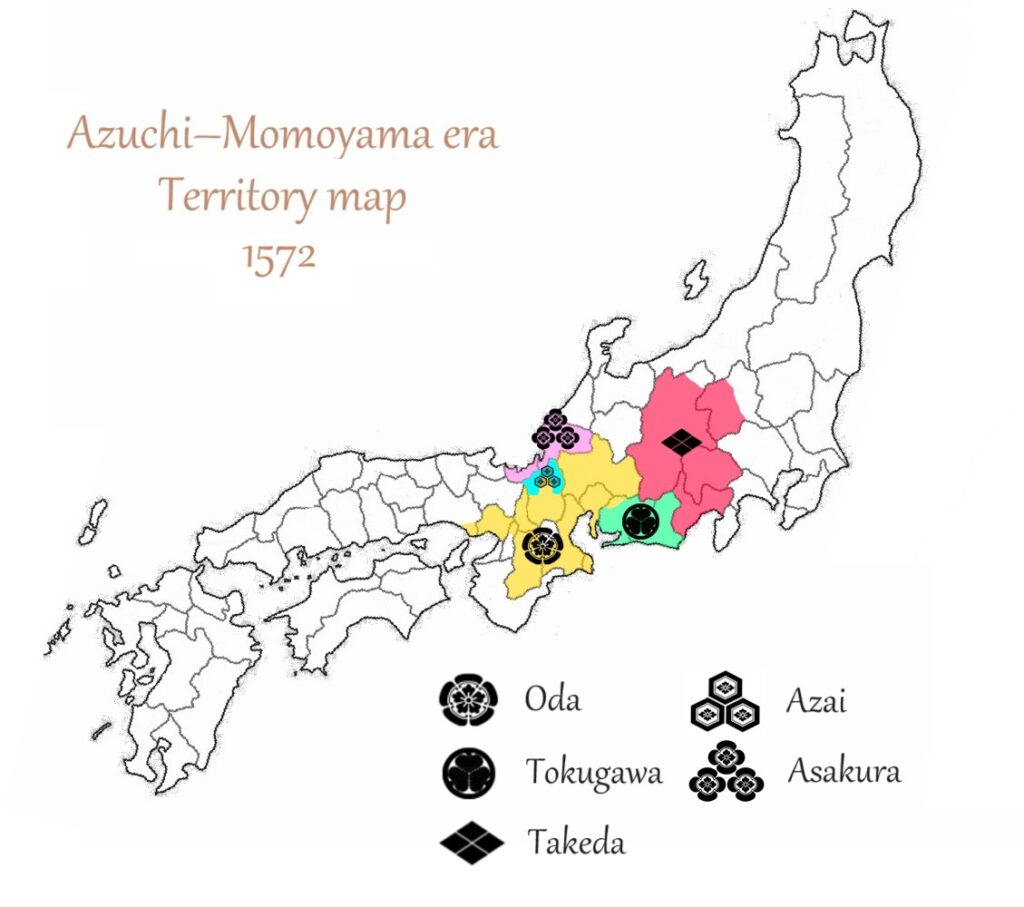 Map depicting the territory division among the Oda, Tokugawa, Azai, Asakura and Takeda clans in 1572