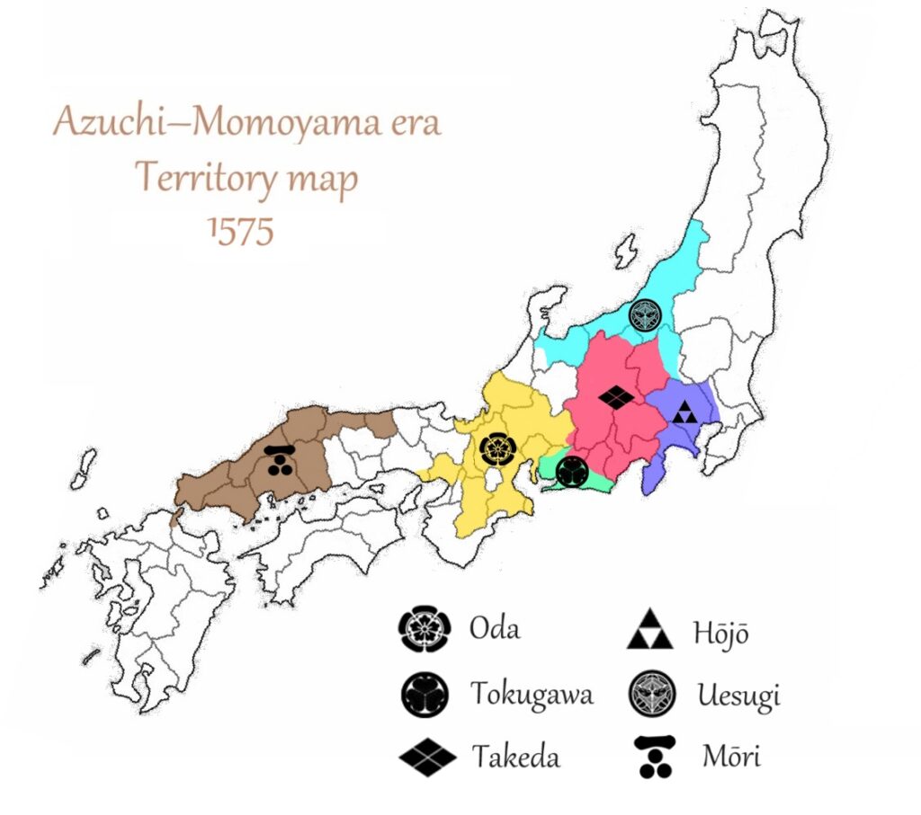 Map depicting the territory division among the Oda, Tokugawa, Takeda, Hōjō, Uesugi and Mōri clans in 1575