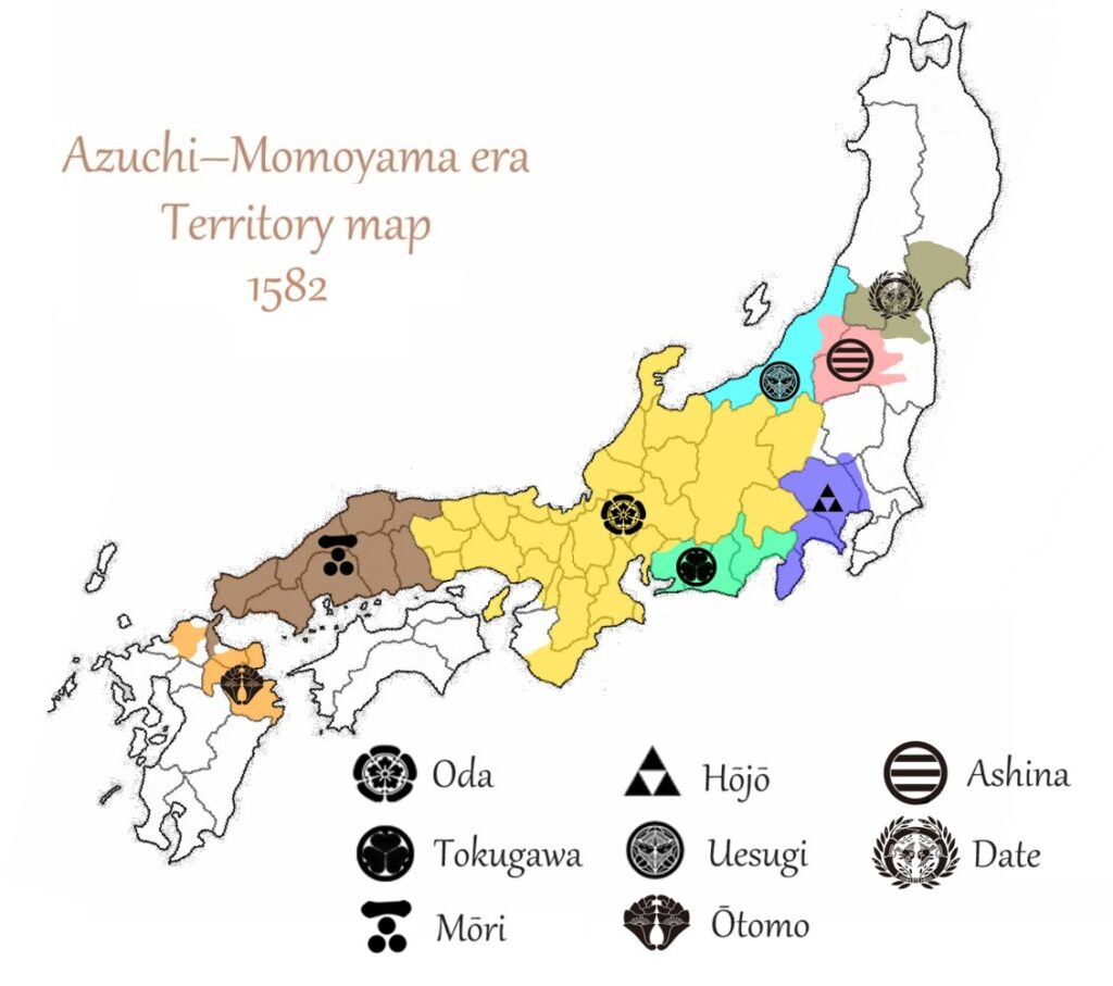 Map depicting the territory division among the Oda, Tokugawa, Ashina, Hōjō, Uesugi, Date, Ōtomo and Mōri clans in 1582