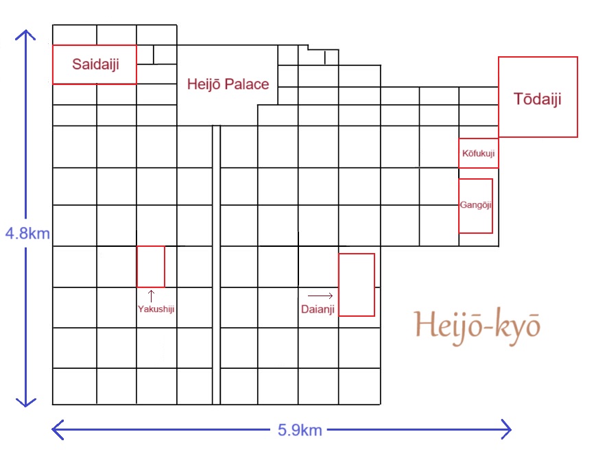 Map of the locations and relative sizes of each of the great temples in Heijō-kyō. (Hōryūji not featured, as it was located outside the capital)
