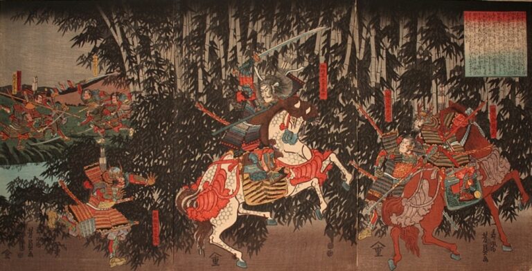 Yoshinaka does his best to fend off Yoshitune's men in the Battle of Awazu - The Genpei War