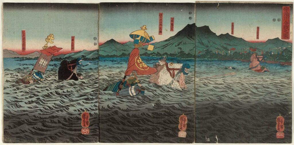 Yoshitune's men crossing the Uji River on horseback
