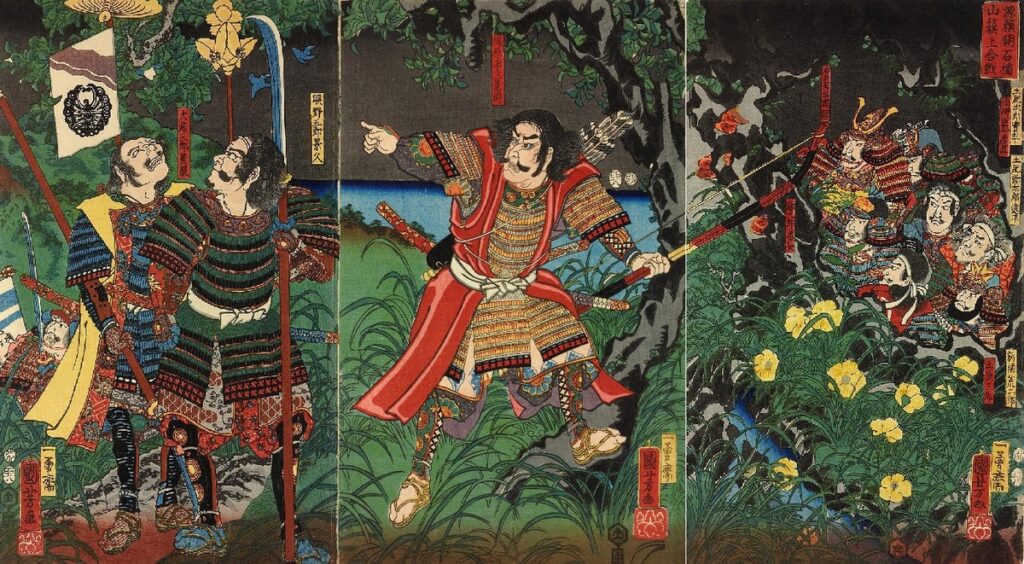 Kajiwara Kagetoki protects Minamoto no Yoritomo and his men, who are hiding in the cave