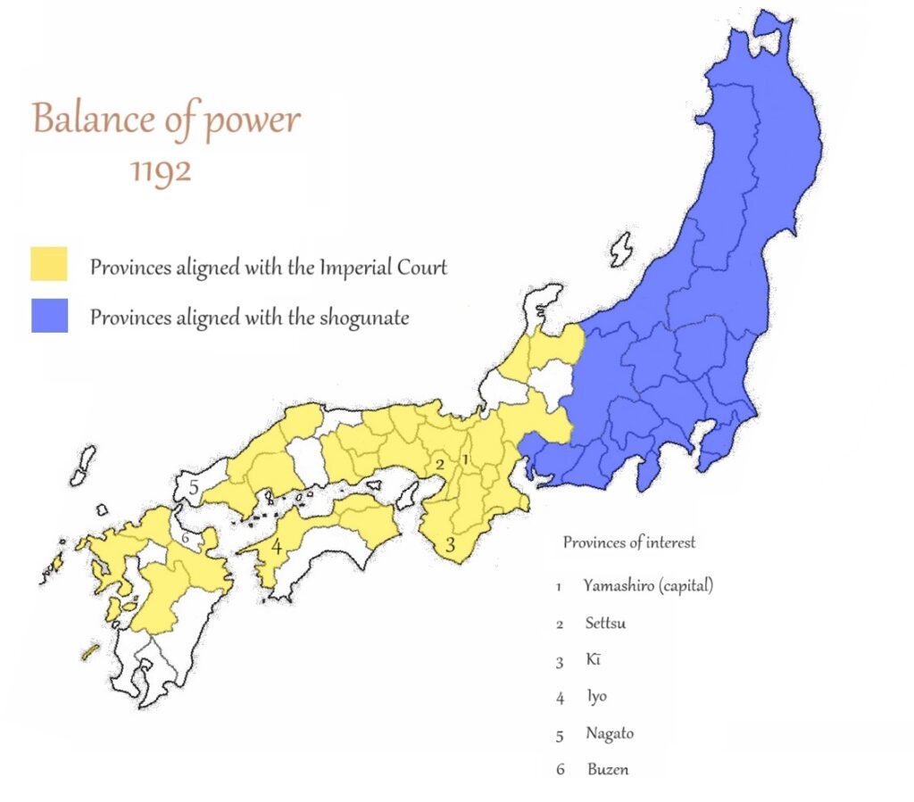 Map depicting the balance of power between the Kamakura shōgunate and the court in 1192 - The Genpei War