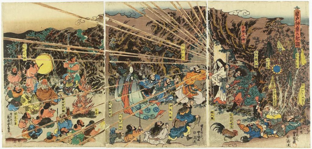 Amaterasu emerging from the Ama-no-Iwato cave - one of her famous scenes from the Kojiki