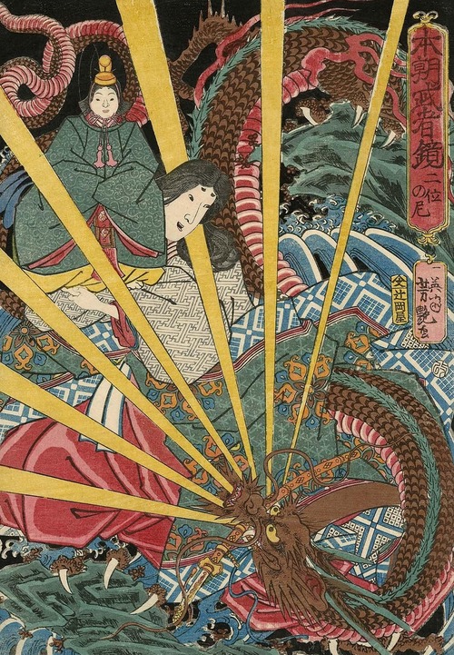 Ni-i no ama jumps into the sea with Emperor Antoku - The Genpei War
