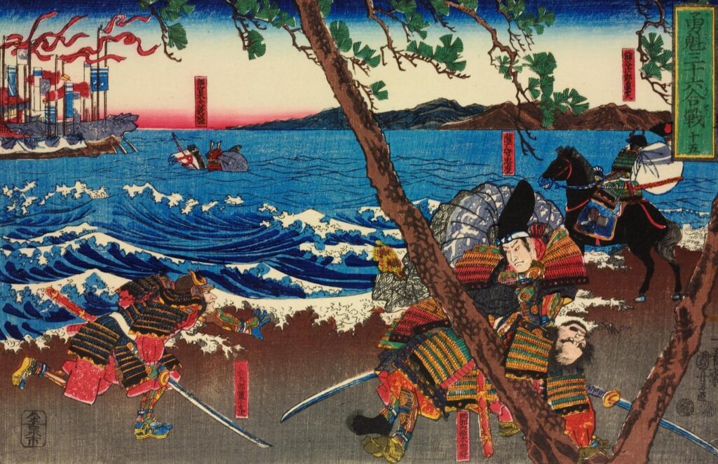 The Taira army escapes to the sea after their defeat at Ichinotani - The Genpei War